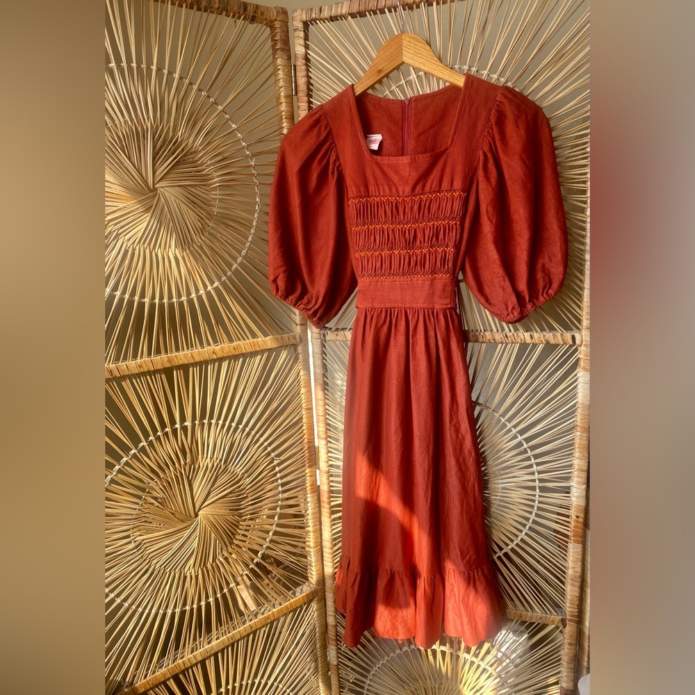 Candi Jones California Vintage 1970s Puff Sleeve Rust Colored Dress